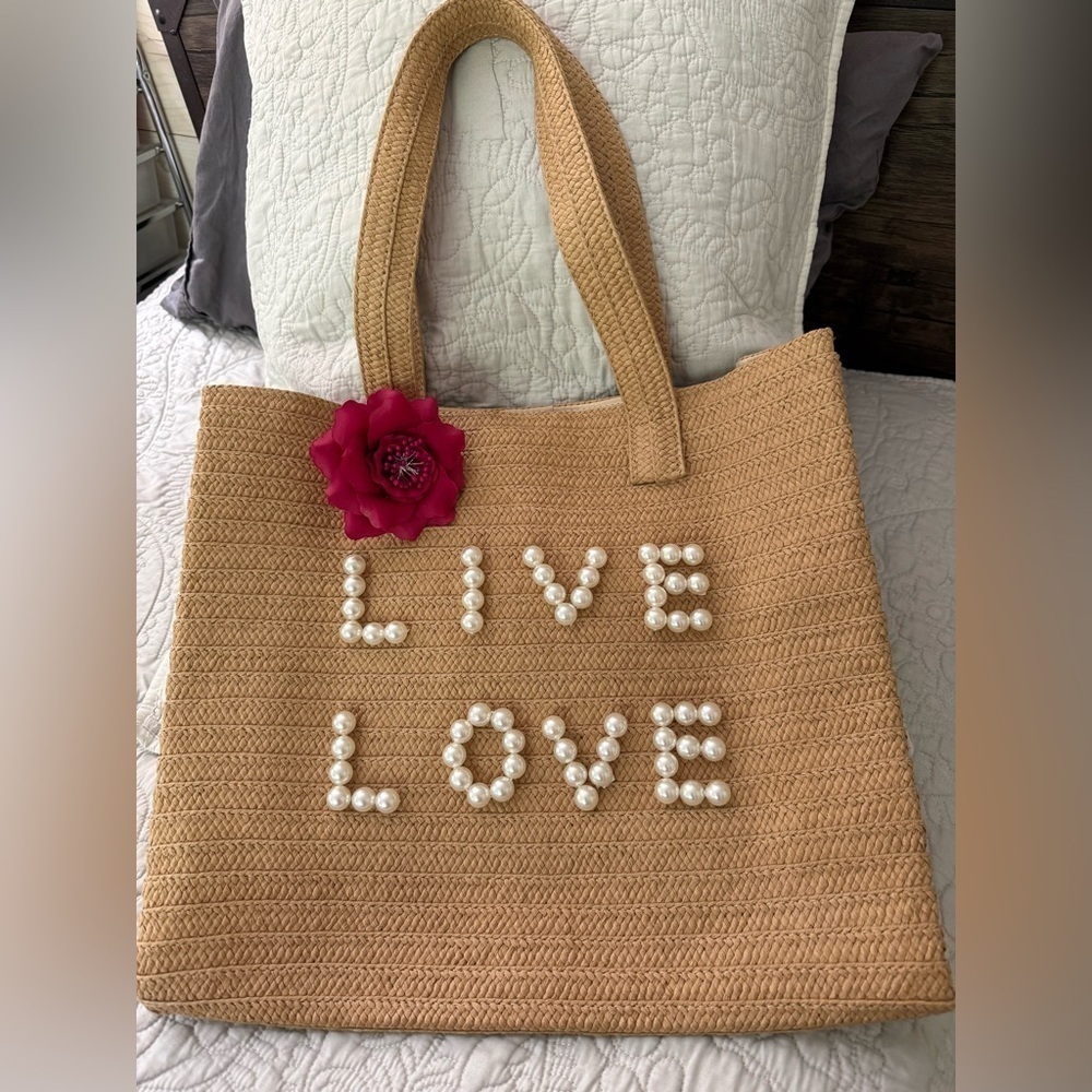 Straw Tote Bag Pearl Lettering Floral Accent